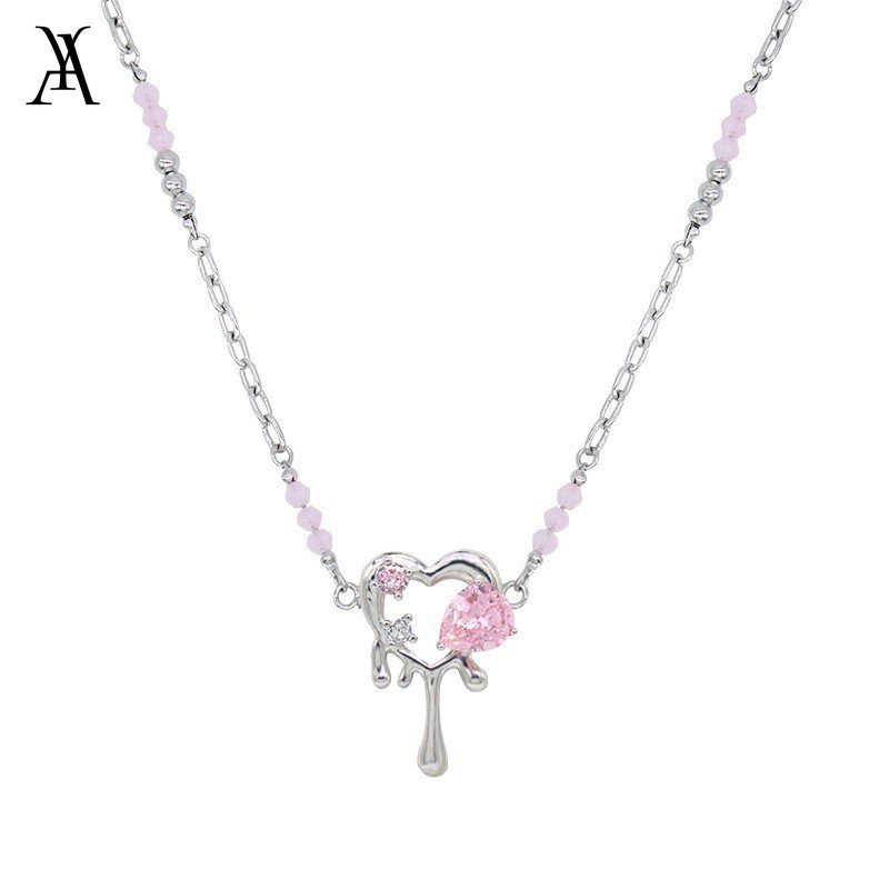 AY(CN) Kalung Zircon Pink Manis Cupid Heart Choker Rantai Silver Untuk Aksesoris Perhiasan Wanita