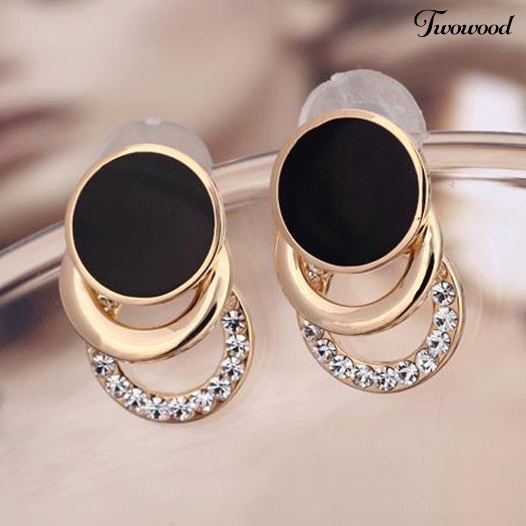 Twowood 1pasang Ear Studs Multi-layer 3cincin Bulat Lingkaran Hitam Hadiah Fashion Perhiasan Berlian Imitasi Berkilau Wanita Anting Untuk Harian