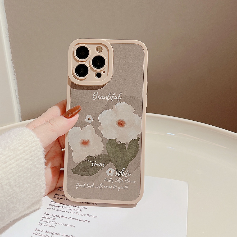 IPHONE [Mata Kucing] Soft Case TPU Anti Slip Untuk Iphone7Plus8 Plus X XS XR XS Max11 13 12 14 PRO Max14 Plus ins Fashion Abu-Abu Lukisan Minyak Bunga Wanita