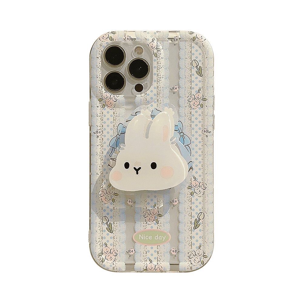 IPHONE Ins Lucu Renda Kelinci Kartun Dengan Rabbit Holder Silicone Case Untuk Iphone14 11 12 13 PRO MAX Casing Cover Pelindung AT0109