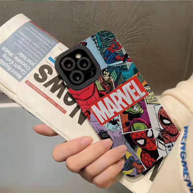 【Lamb Skin】City Boy Marvel Spider Man Soft Case for IPhone 6S 7 Plus 8 Plus X XS XR XS Max 11 13 12 14 PRO Max 14 Plus 12 13 Mini Camera Protect