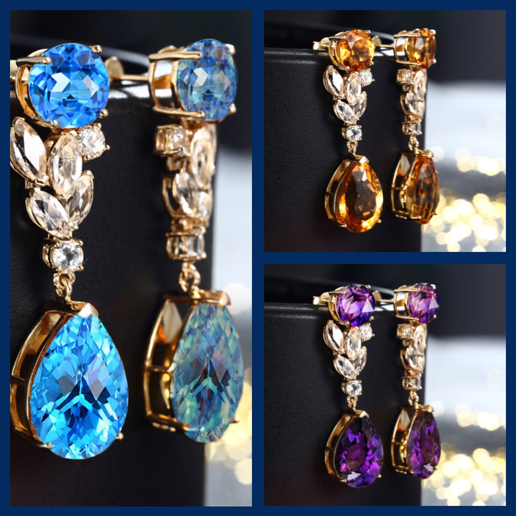 Goldkingdom Aksesoris Perhiasan Fashion Ready Stock Siaran Live Anting Topaz Alami Imitasi Baru Tetesan Air Berbentuk Pir Langit Biru Topaz Amethyst Anting Panjang