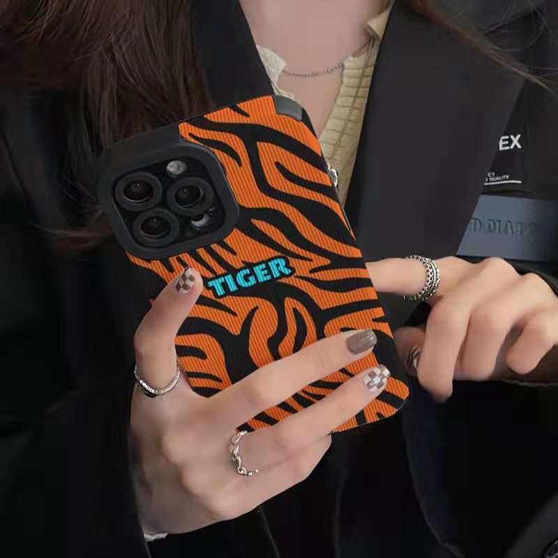 【Lamb Skin】Orange Tiger Pattern Soft Case for IPhone 6S 7 Plus 8 Plus X XS XR XS Max 11 13 12 14 PRO Max 14 Plus 12 13 Mini Camera Protect Women's Baolongwish Casing