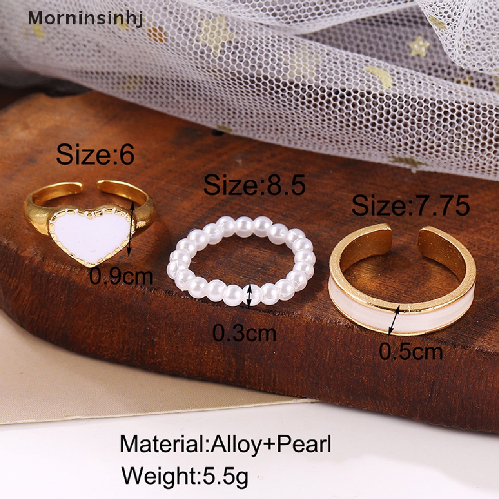 Mornin 3Pcs/Set Enamel Jantung Cincin Korea Fashion Mutiara Cincin Untuk Wanita Geometris Tidak Teratur Bentuk Rantai Pembukaan Cincin Set Buku Jari Perhiasan id