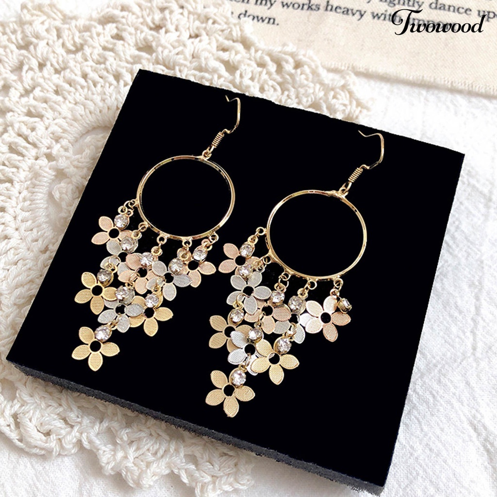 Twowood 1pasang Menjuntai Anting Bunga Dreamcatcher Desain High Gloss Cubic Zirconia Glitter Berdandan Temperamen Bohemian Rumbai Drop Earrings Perhiasan Aksesori