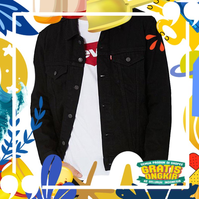 Jaket jeans pria cowok hitam / black/ merah putih biru polos