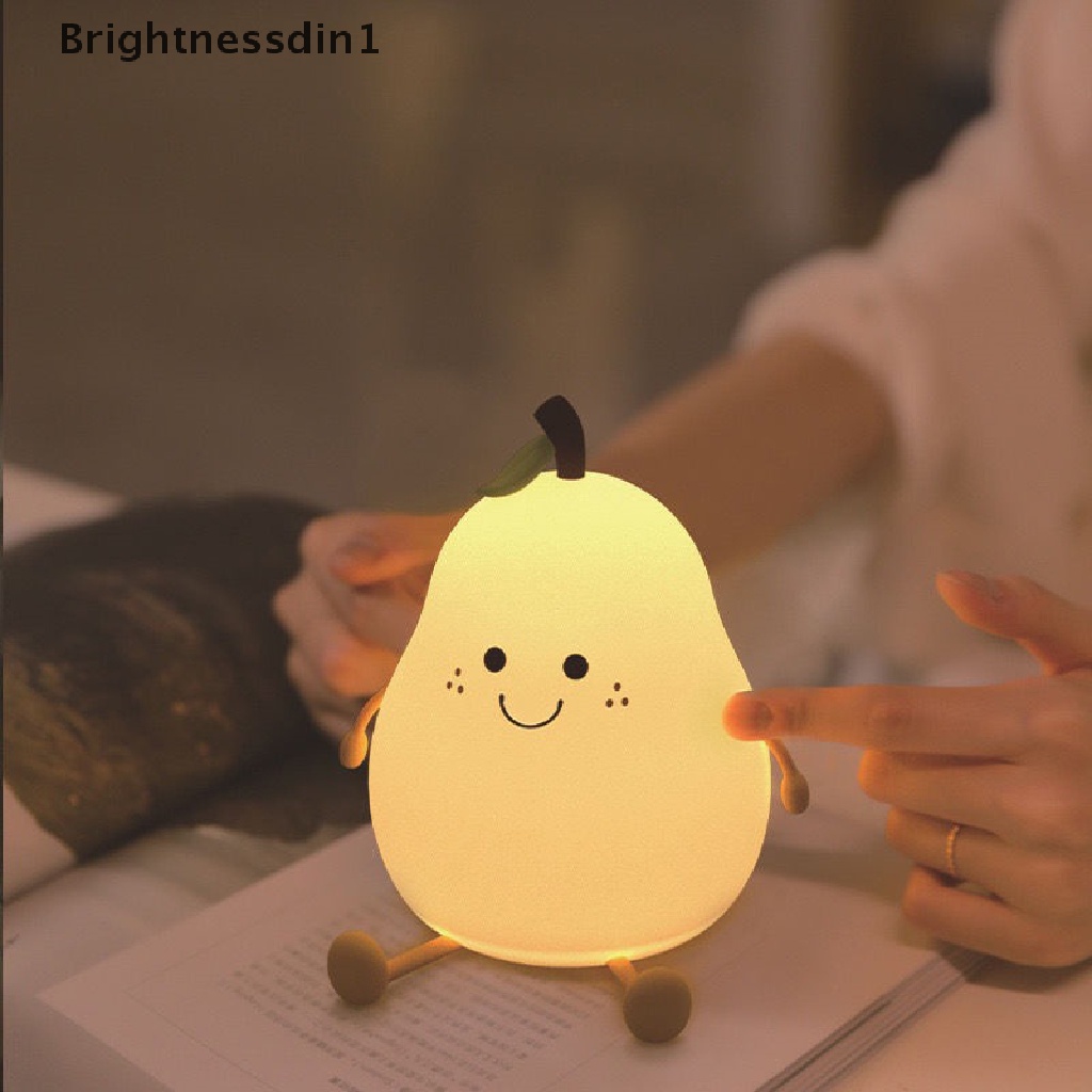 [Brightnessdin1] Lampu Malam Buah Pir LED USB Rechargeable Peredupan Sentuh Silikon Lampu Meja Butik