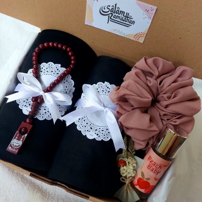 (PAKET MUKENAH) Paket Alat Sholat Cewek Wanita Hampers muslimah cewek kado ramadhan gift box spesial mukenah parfum sajadah tasbih scrunchie