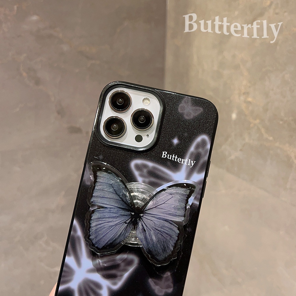 Ins Hazy Purple Butterfly Silicone Case Dengan Butterfly Holder Untuk Iphone SE 2020 7 /8 Plus 14x XR XM 11 12 MINI 13 PRO MAX Casing Cover Pelindung AT0104