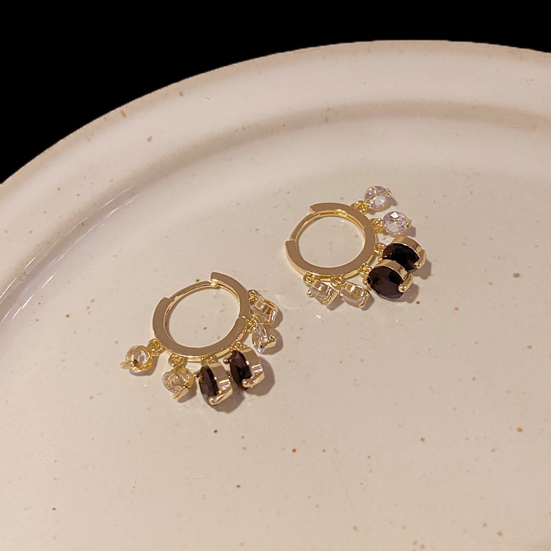 Fashion Mewah Anting Zirkon Kristal Hitam925 Perak Jarum Telinga Gesper