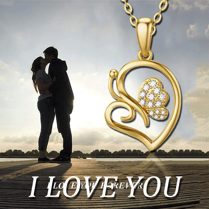 Vintage Warna Emas Hati Kupu-Kupu Kalung Liontin Fashion Rantai Chokers Necklace Untuk Wanita Cubic Zirconia Jewelry