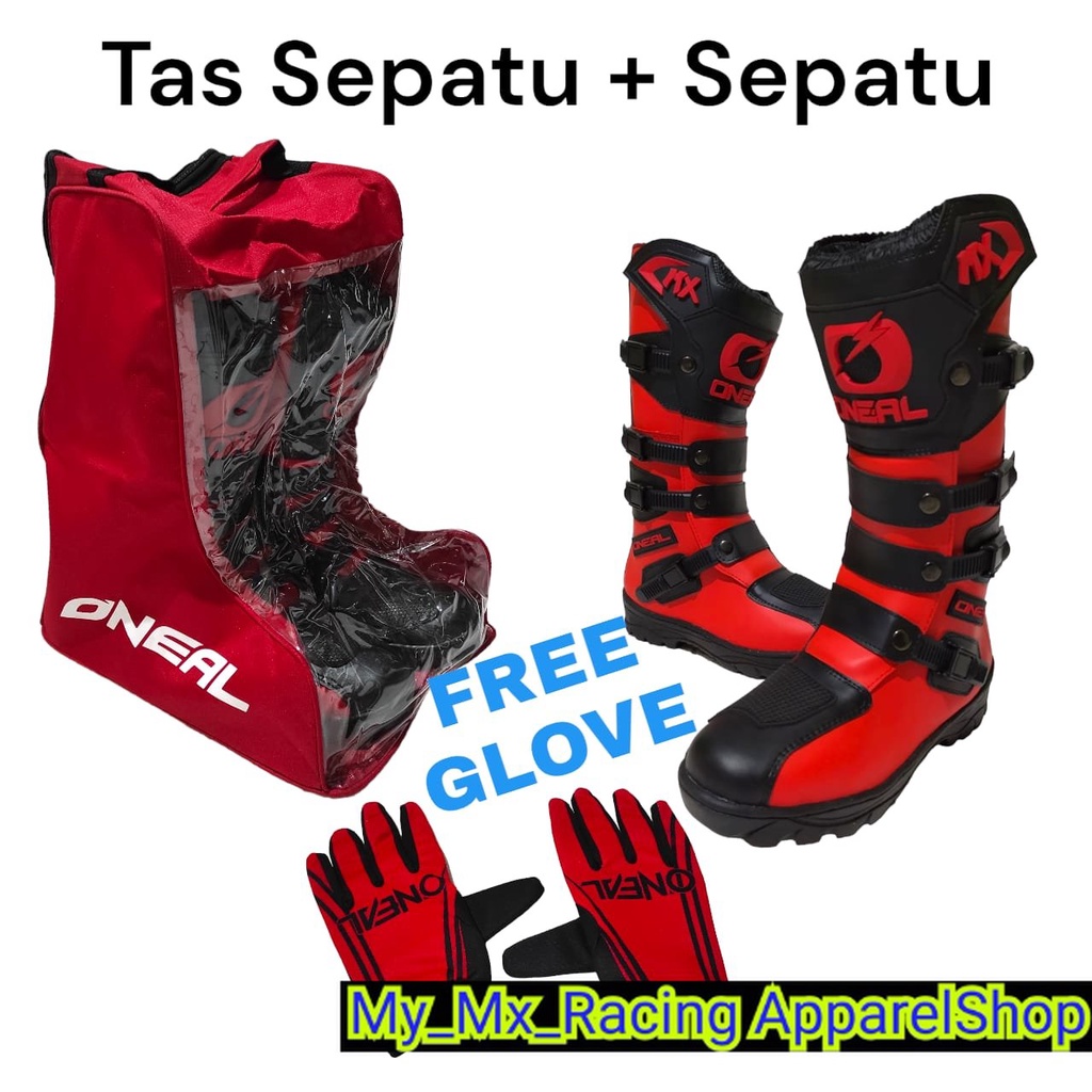 sepatu trail cross plus tas buat sepatu bonus sarung tangan satu set sepatu trabas or adventure dan tas satu set cocok dan keren sepatu gunung RED BEST SELLER
