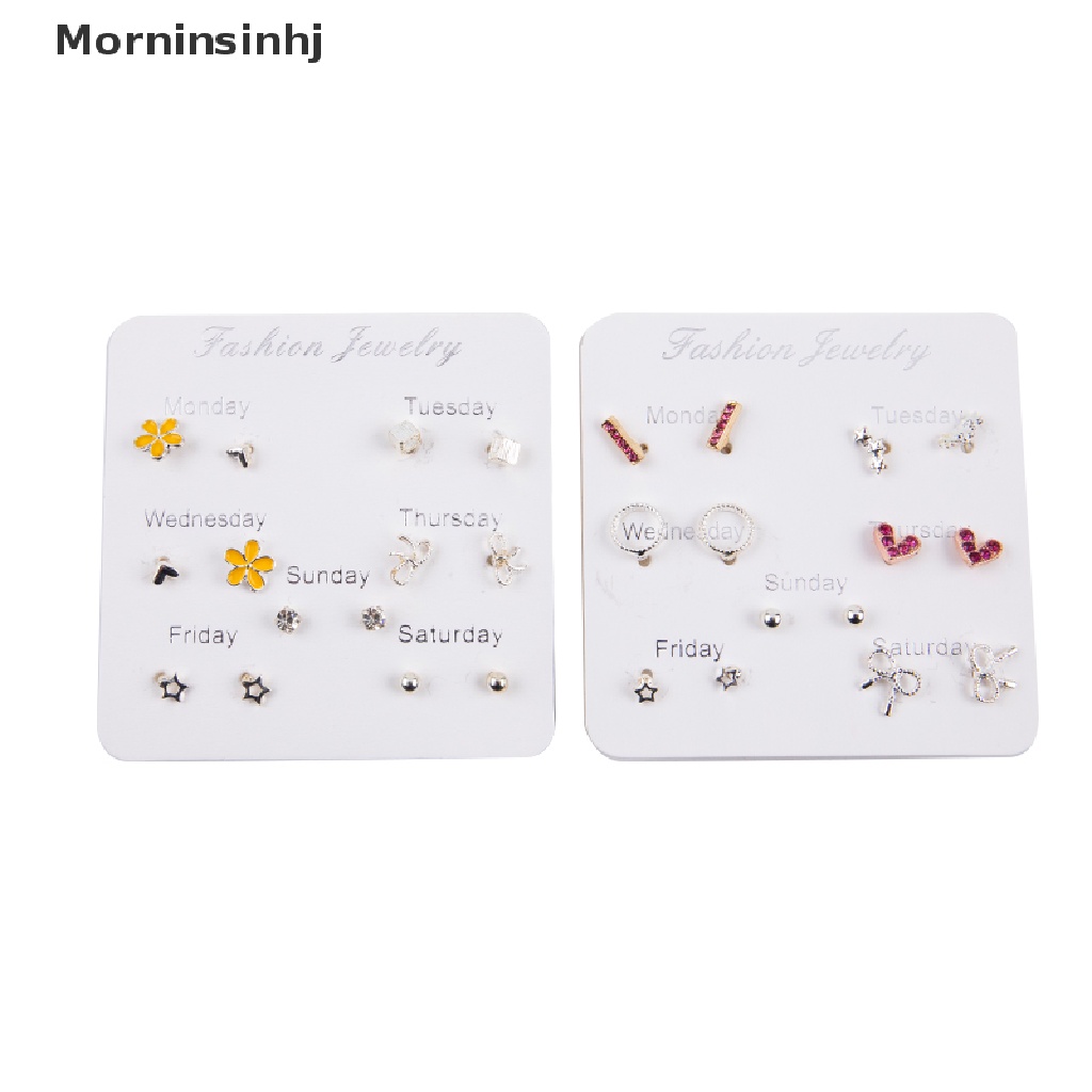 Mornin 6-7pasang/set Kristal Hati Daun Stud Anting Wanita Berlian Imitasi Earrings Jewelry id