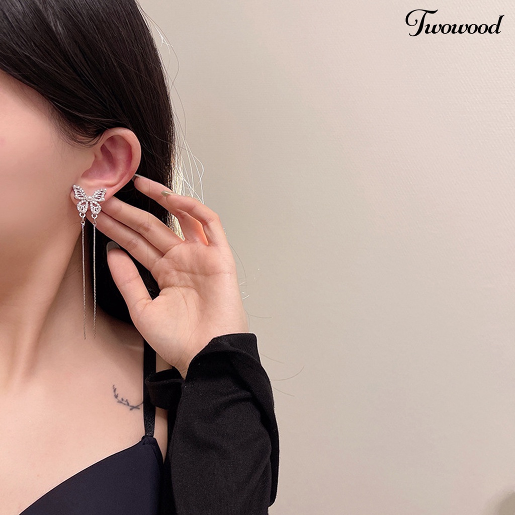 Twowood 1pasang Drop Earrings Geometris Berlebihan Temperamen Hias Mengkilap Berdandan Elegan Klasik Berlian Imitasi Kupu-Kupu Rumbai Anting Perhiasan Fashion