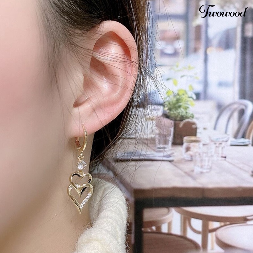 Twowood 1pasang Anting Menjuntai Retro Korea Gaya Double-layers Cinta Hati Berkilau Berlian Imitasi Drop Earrings Fashion Jewelry