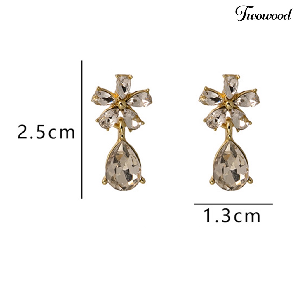 Twowood 1pasang Stud Earrings Shiny Full Rhinestones Sparkling Geometric Electroplating Hias Hadiah Ulang Tahun Tetesan Air Bunga Liontin Anting Wanita Perhiasan Untuk Pacaran