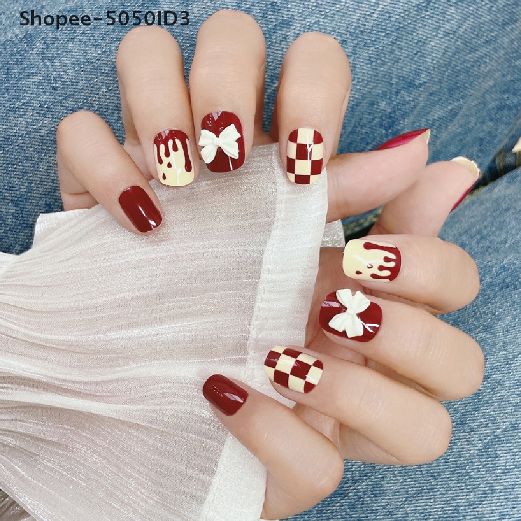 [HOT] Bow-knot Pendek Tekan On Kuku Set Dengan Lem Jelly Manikur Dekorasi Kuku [ID]