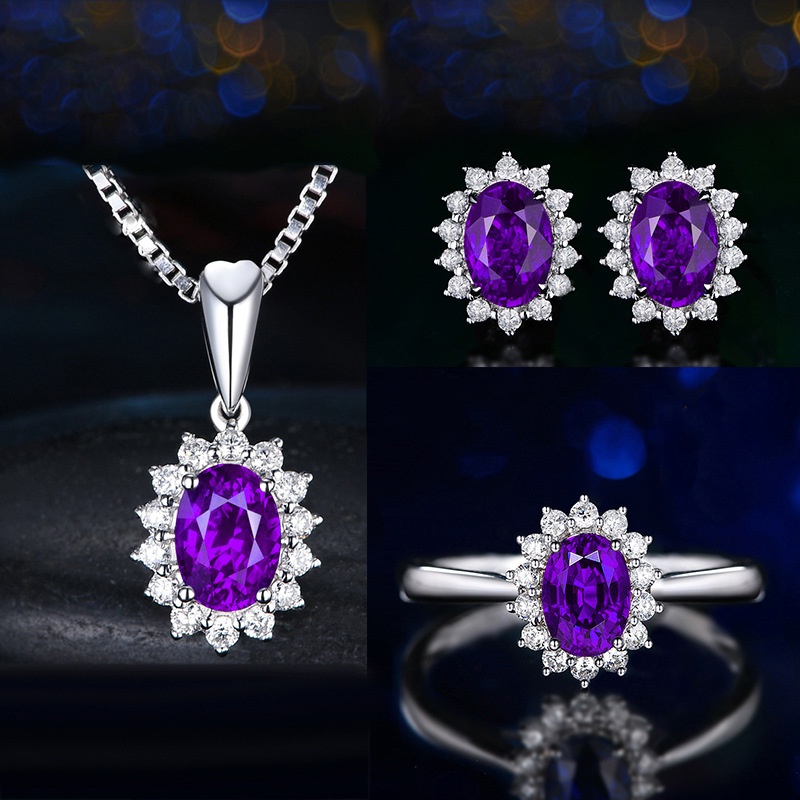Goldkingdom Fashion Perhiasan Aksesoris Ready Stock Berlian Penuh Safir Putri Mahkota Kalung Set Eropa Dan Amerika Pertunangan Cincin Anting Liontin Perempuan