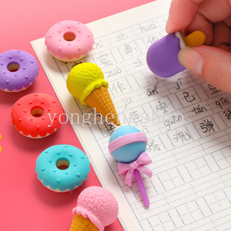 4pcs/set Kawaii Es Krim Donat Berbentuk Penghapus Lucu Mini Lolipop Pensil Karet Penghapus Mainan Anak Siswa Alat Tulis Hadiah Sekolah Koreksi Pasokan