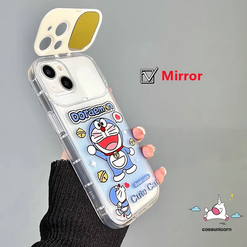 IPHONE Flip Make Up Mirror Case Lucu Kartun Kucing Doraemon Phone Cover Kompatibel Untuk Iphone11 13 12 14 Pro MAX XR 7 8 14 Plus X XS MAX SE 2020 Shockproof Soft TPU Case Casing