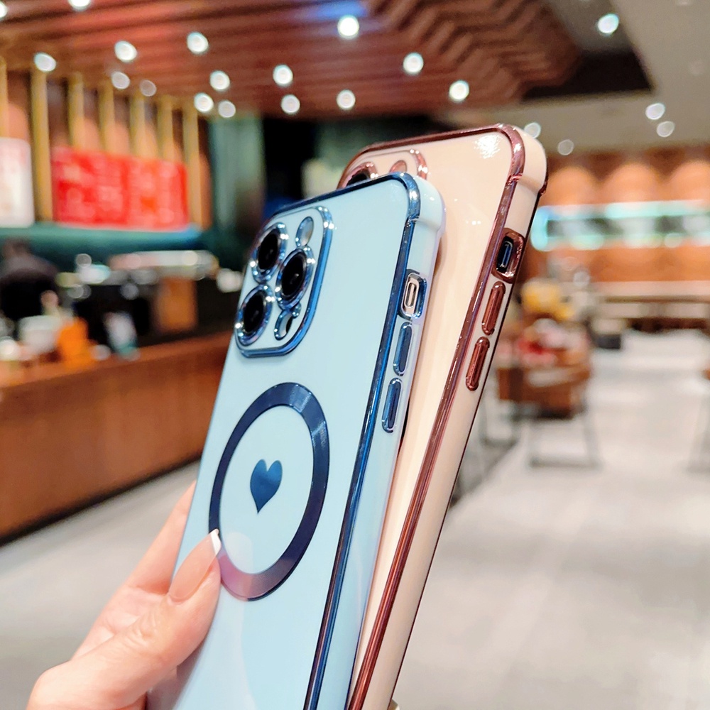 IPHONE Casing Cinta Hati Plating Mewah Untuk Iphone14 13 12 11 Pro Max Plus Magnetic Wireless Charger Lembut Penutup Silikon