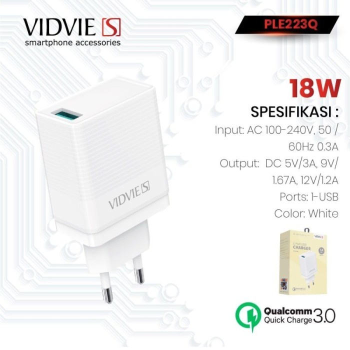 Vidvie S Charger Adaptor 18Watt 1 USB Port Q3 PLE223Q - White