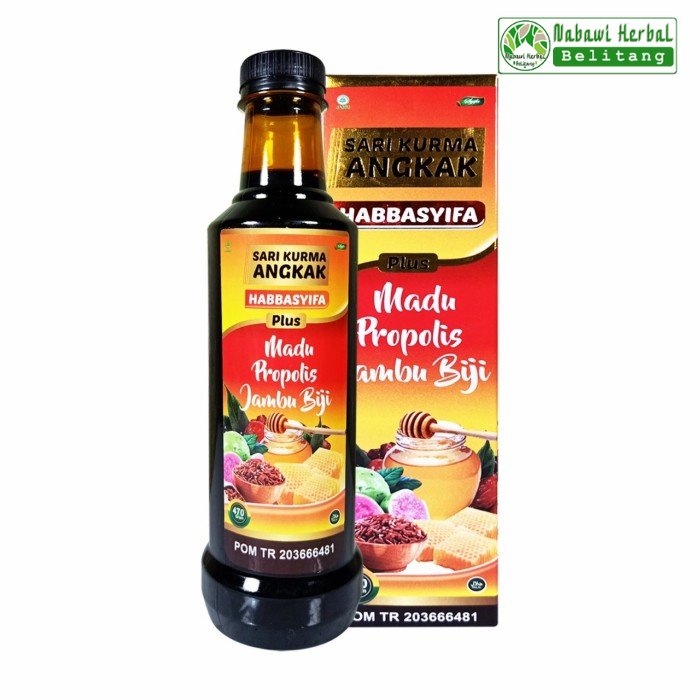 

Obat DBD Dan Typus Sari Kurma Angkak Habbasyifa Plus Madu Propolis Jambu Biji