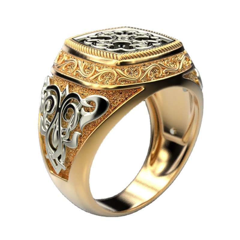 Goldkingdom Fashion Perhiasan Aksesoris Ready Stock Baru Bunga Berlapis 18 K Emas Asli Kadar 375 Ganda-Warna Cincin Eropa Dan Amerika Retro Pola Ukir Cincin Pertunangan Laki-Laki