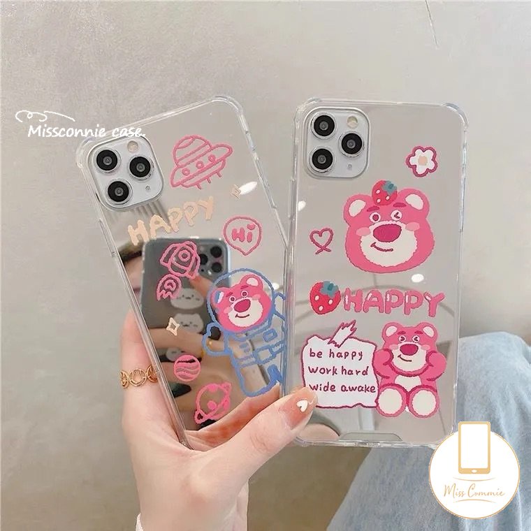 Kartun Astronot Manyo Casing Ponsel Kompatibel Untuk iPhone 7plus 11 13 12 Pro MAX XR 7 8 Plus X XS MAX SE 2020 Beruang Strawberry Lucu Shockproof Make Up Mirror Soft Cover