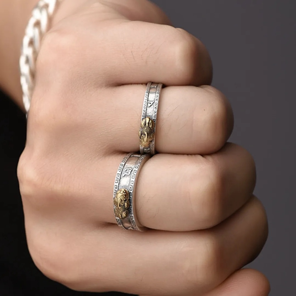 Sederhana Enam Karakter Kata Sejati Ukiran Jari Cincin Adjustable Terbuka Jari Cincin Untuk Wanita Pria Retro Pasangan Cincin Jari Cincin Populer Pi Xiu Rings Perhiasan Aksesoris