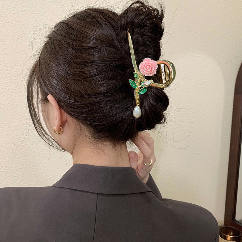 Korea Alloy Emas Bunga Mutiara Rambut Klip Besar Ponytail Clip Woman Fashion Hair Claw Aksesoris Rambut