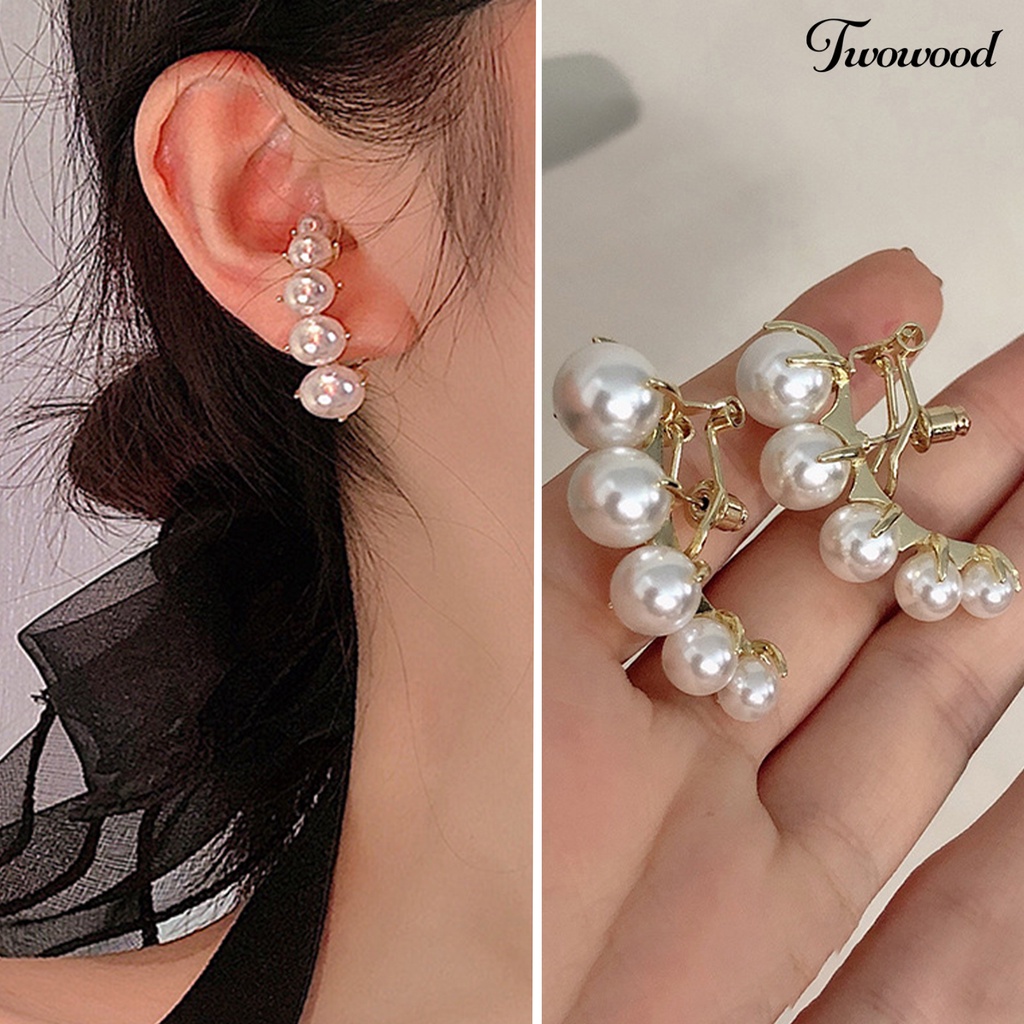 Twowood 1pasang Anting Stud Dainty Elegan Temperamen Mulia High Gloss Mutiara Imitasi Wanita Earrings Perhiasan Aksesoris