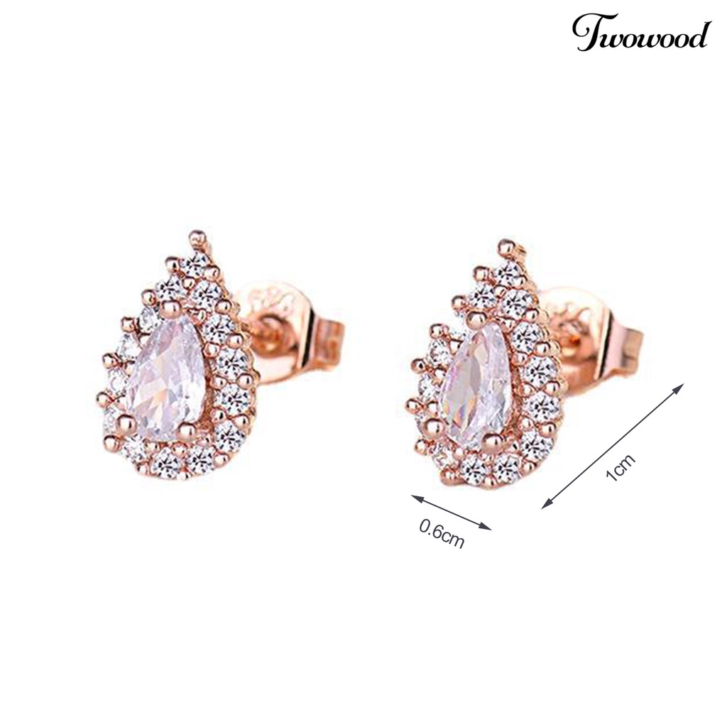 Twowood 1pasang Ear Studs Vintage Temperamen Shiny Cubic Zirconia Hias Electroplating Dress Up Hadiah Wanita Gadis Tetesan Air Stud Earrings Perhiasan Aksesoris