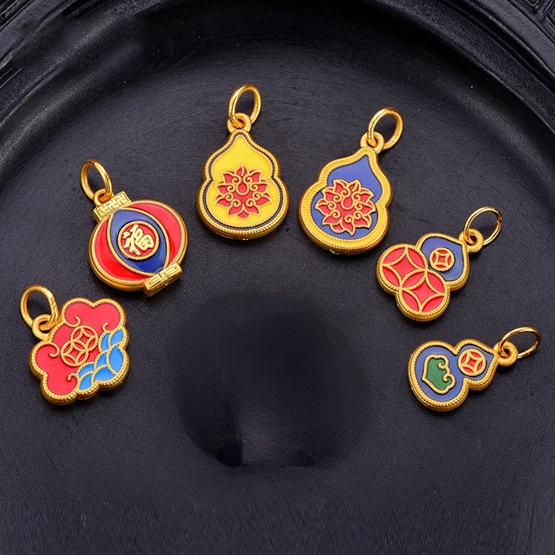 Goldkingdom Fashion Perhiasan Aksesoris Ready Stock Pengerjaan Emas Asli Kadar 375 Membakar Pasir Biru Emas Asli Kadar 375 Vintage Enamel Labu Xiangyun Diy Liontin Gadis Liontin Kalung