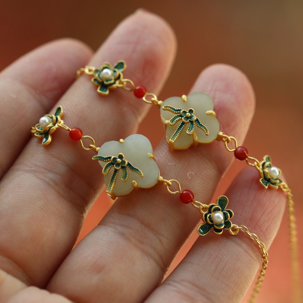 Goldkingdom Fashion Perhiasan Aksesoris Ready Stock Empat Daun Semanggi Gelang Emas Asli Kadar 375 Retro Gaya Cina Gelang Dicat Enamel Dan Hetian Giok Gelang Perempuan