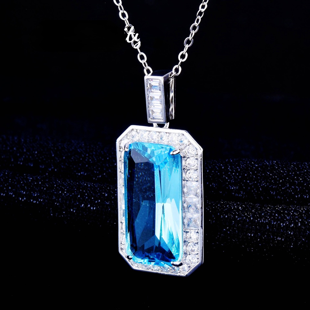 Goldkingdom Fashion Perhiasan Aksesoris Ready Stock Emerald-cut Imitasi Aquamarine Liontin Perhiasan Bermutu Tinggi Santa Maria Topa Aquamarine Kalung.