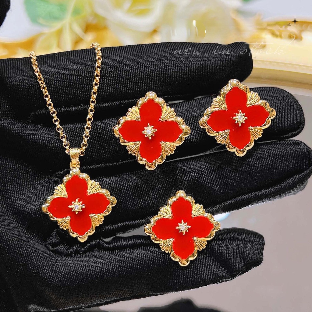 Goldkingdom Fashion Perhiasan Aksesoris Ready Stock Itali Bulati Putih Fritillaria Set French Vintage Clover Gelang Batu Akik Merah Kalung Cincin Anting Perempuan