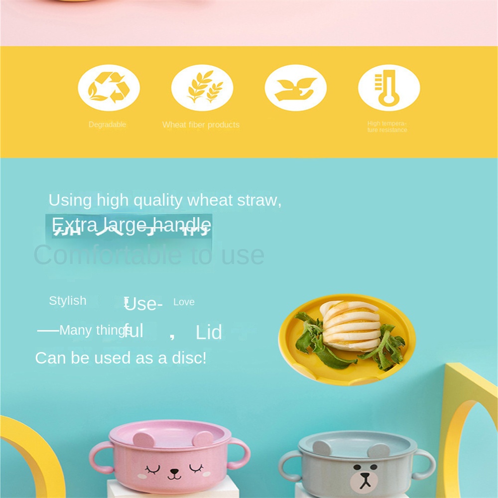 ღ Bayi Feeding Tableware Kartun Bayi Mangkuk dengan Tutup Jerami Gandum Serat Makan Mangkuk Set Dua Telinga Panas bukti Training Bowl Makanan Tambahan Peralatan Makan