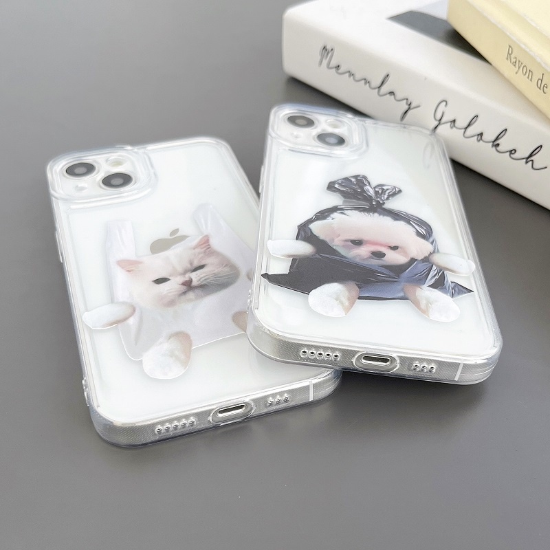 Iphone 14 Pro max cute kitten and puppy i14 13 11 12 case Pelindung Handphone x xr xsmax Silikon Transparan Tahan Jatuh