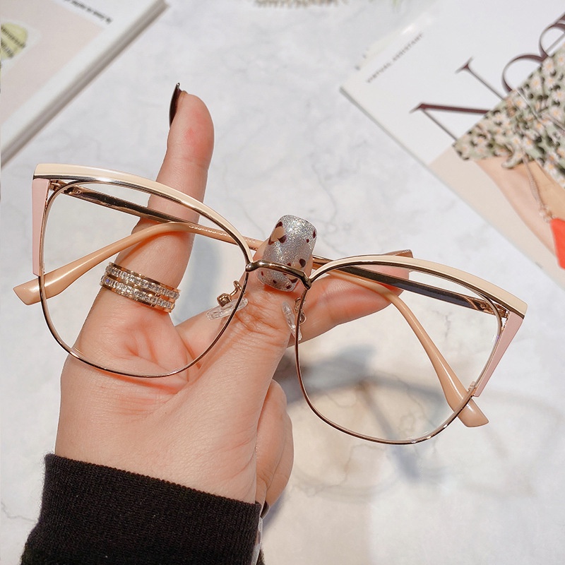 Kacamata Retro Cat Eye Metal Anti Radiasi Untuk Wanita Pria Lensa Yang Dapat Diganti