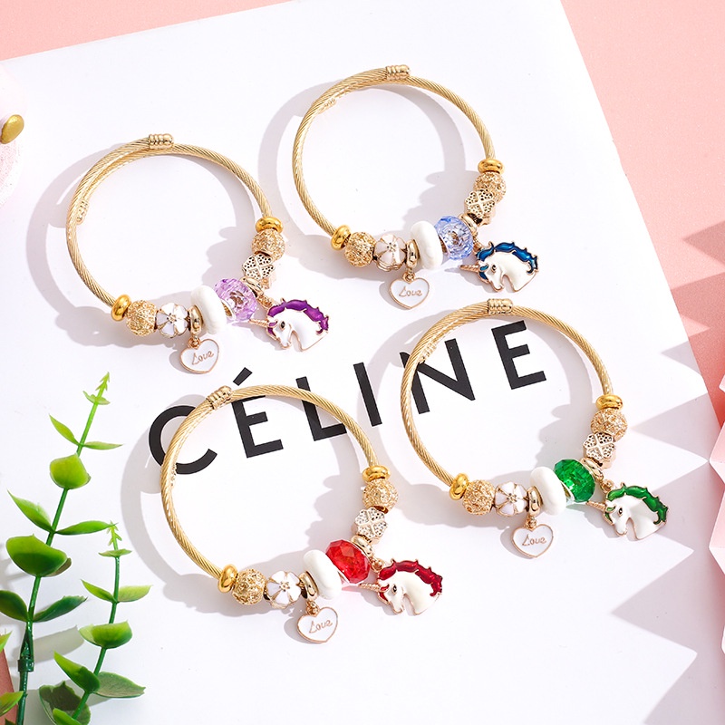 XiaoboACC DIY Indah Kartun Unicorn Liontin Stainless Steel Terbuka Dapat Disesuaikan Gelang
