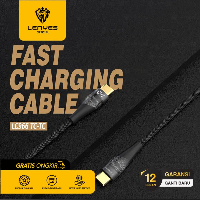 LENYES LC966 Kabel Data PD 60W Transparan Fast Charging QC3.0 Type C to Type C Kabel charger Nylon 1meter cas original