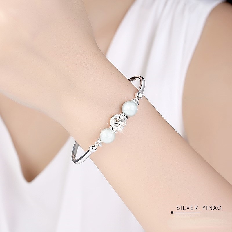 Goldkingdom Aksesoris Perhiasan Fashion Ready Stock Desain Niche Baru Versi Korea Kepribadian Sederhana Giok Pembukaan Gelang Berlapis Perak Lari Manik-Manik Gelang Wanita