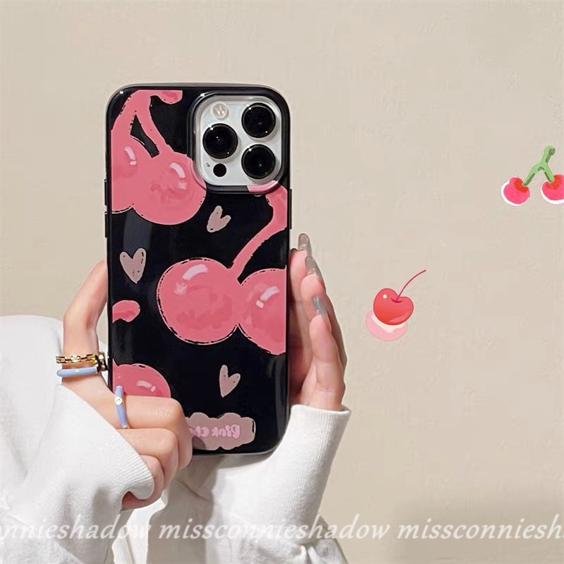 IPHONE Casing Ponsel Kartun Pink Cherry Kompatibel Untuk Iphone11 13 14 12 Pro Max XR X XS Max 7 8 Plus SE 2020 7 Plus Halus Lucu Love Heart Smiley Shockproof Glossy Cool Black Soft Cover