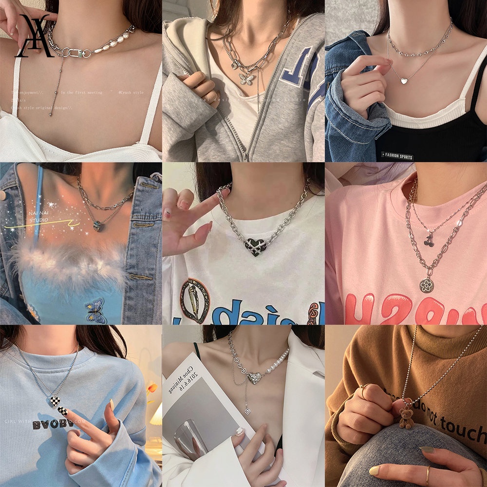 AY(CN) Kalung Choker Rantai Multilayer Dengan Liontin Kupu-Kupu + Hati + Mutiara Untuk Wanita