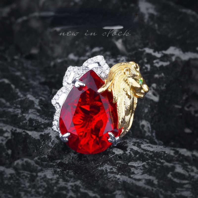 Goldkingdom Fashion Perhiasan Aksesoris Ready Stock Itali Bicolor Kerajinan Emas Lion King Mahkota Set Dove Blood Ruby Liontin Berlian Merah Anting Terbuka Cincin