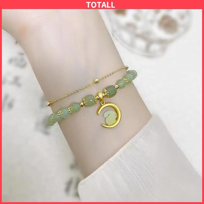 COD Gelang Rantai Manik-Manik Giok Hetian Alami Desain Kelinci Bulan Untuk Wanita-Totall