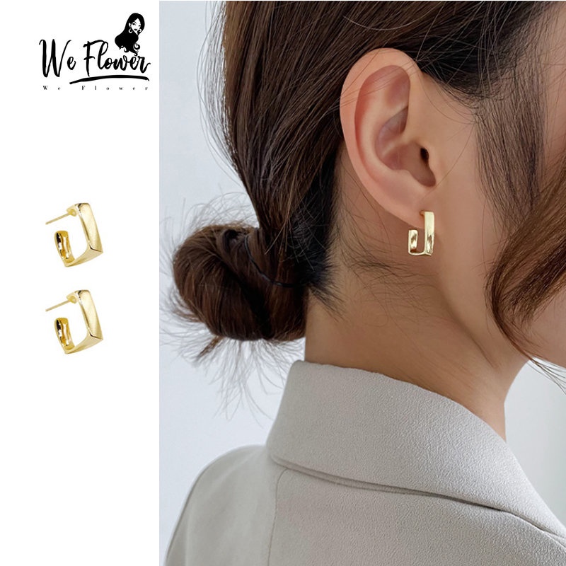 We Flower Anting Hoop Bentuk Persegi Geometris 14K Gold Gaya Vintage Korea Untuk Wanita