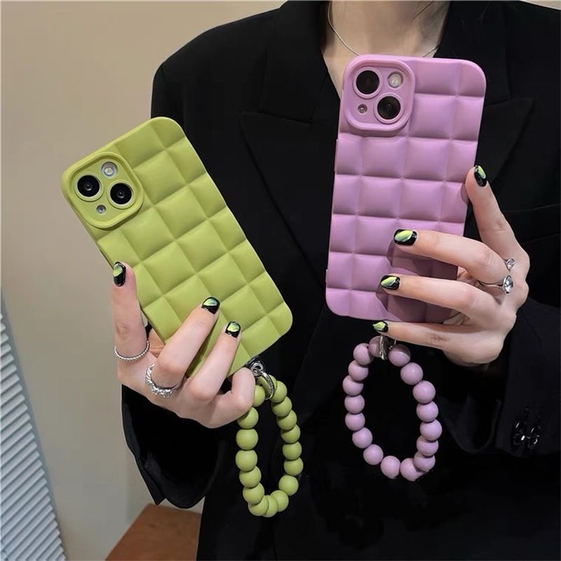 Casing Ponsel Lembut Motif Kotak-Kotak 3D Untuk iPhone 14 Pro Max13 12 11 Pro Max Xs Max Xr X Xs 7Plus 8Plus 6 6P Gelang Dengan Manik-Manik Casing Penutup Belakang