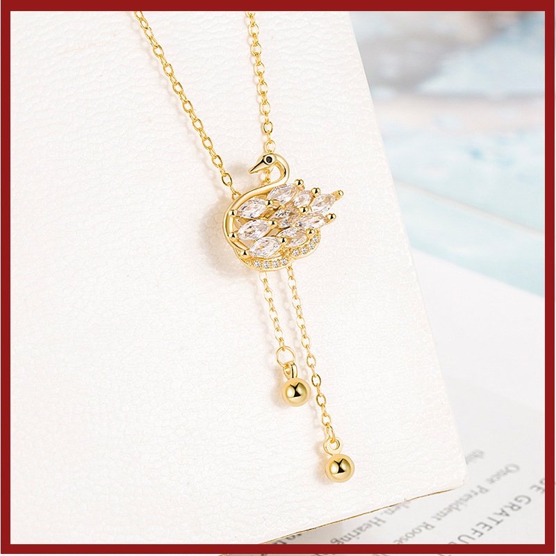 S925 Perak Micro-Hias AAA Zirkon Swan Kalung Ditarik Adjustable Swan Pendant U1608